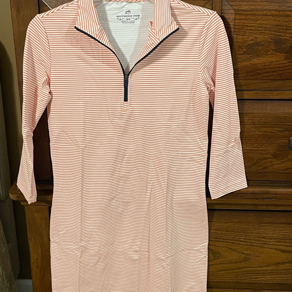 Southern Tide Coral & White Striped Quarter-Zip Dress